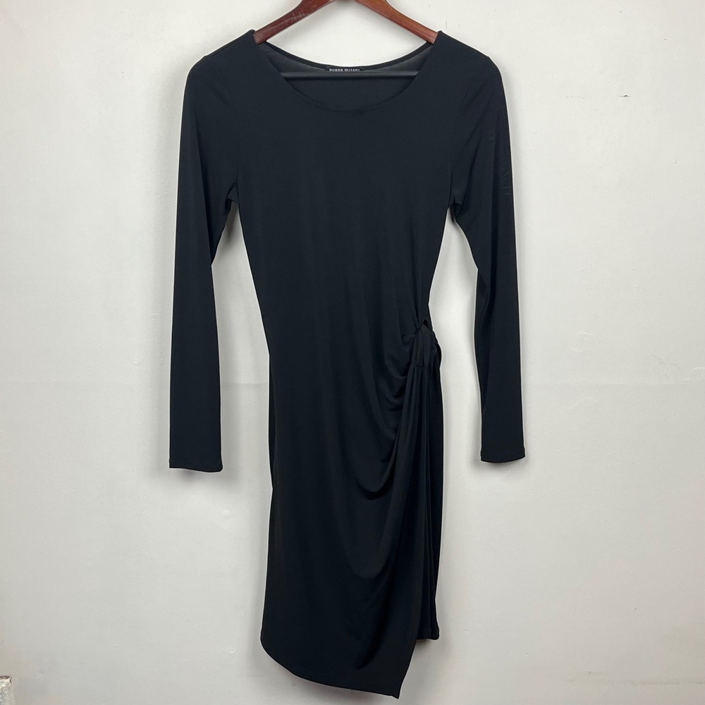 Donna Mizani Ruched Side Mini Dress M Black Mob Wife Parisian Chic